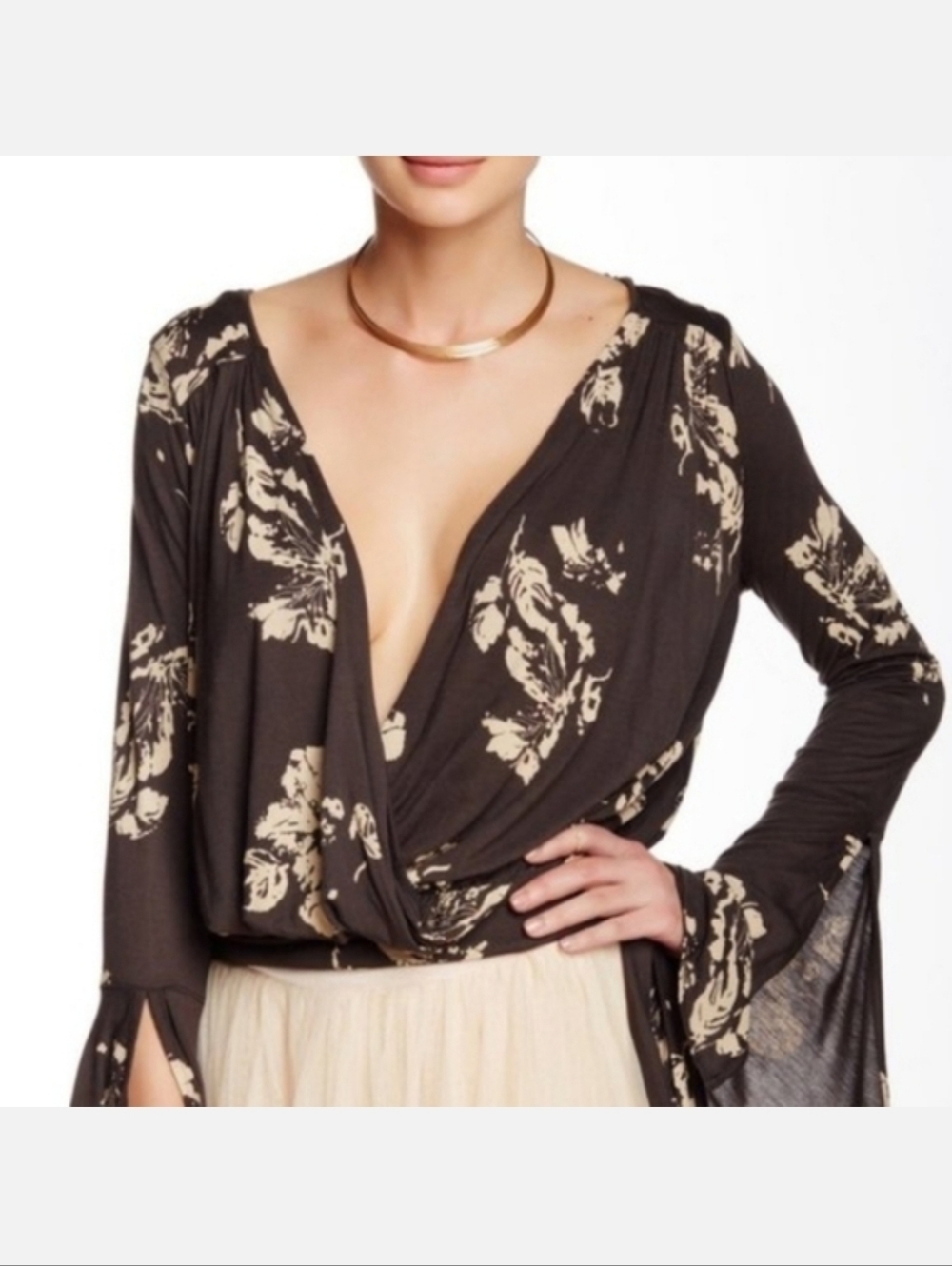 🔥💲⬇️FP Brown/Cream Fiona Floral Surplice Bell Sleeved Wrap Top, Size XS ~ EUC